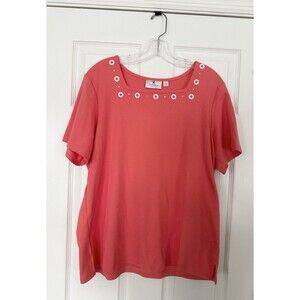 NWOT Quacker Factory women peach embellished short sleeve top shirt LARGE